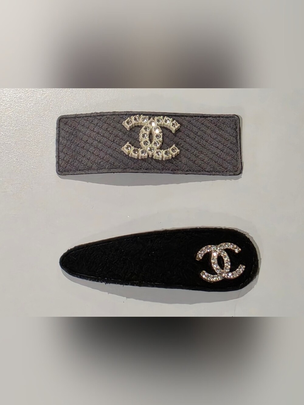Black Brown Quilted CC Logo Hair Clip Duo with Rhinestones Set Of Two